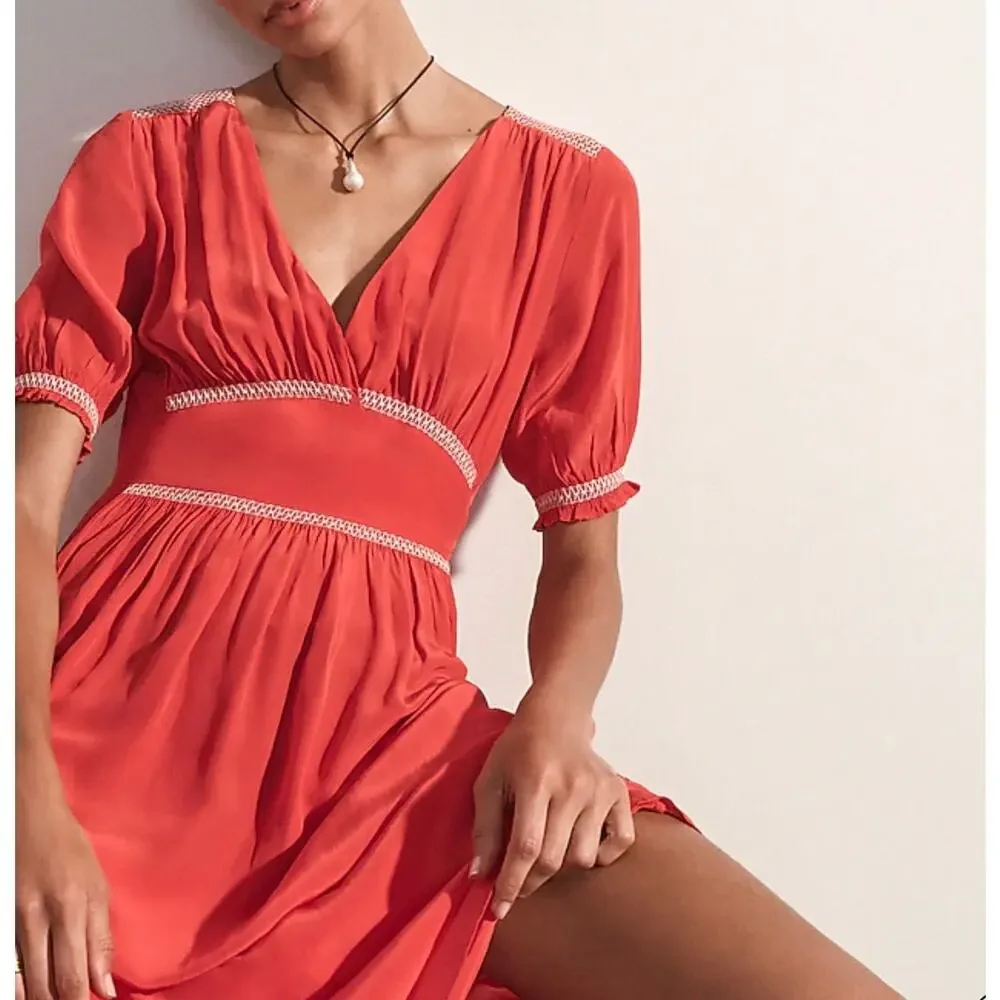 J.CREW 2025 Smocked Trim Midi Dress Crepe de Chine Red 8 M Peasant Boho Feminine